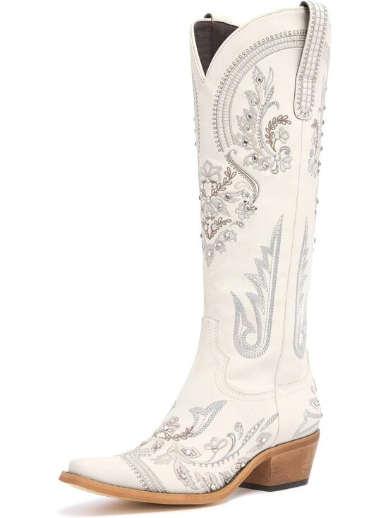 Shoes - Woman's Cream Pointed Toe Embroidered Rhinestone Chunky Heel Cowgirl Boots